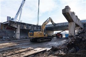Transportation & Structures: A Haines & Kibblehouse, Inc. crew remove old bridge beams from I-95 in Philadelphia, PA.